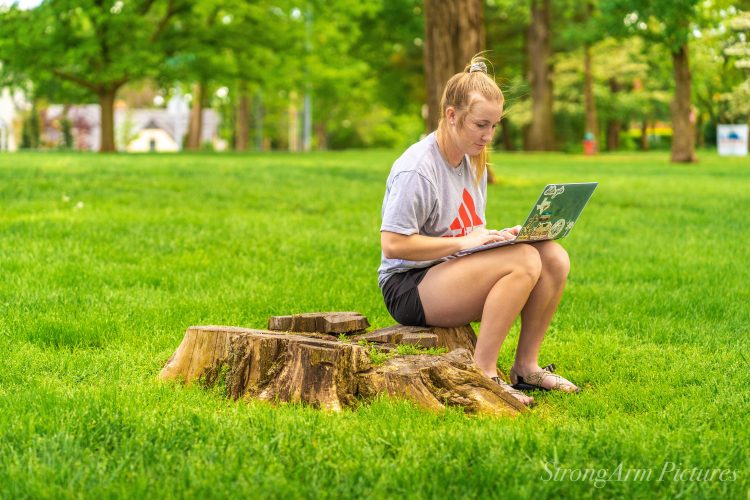 Girl in the park on computer
