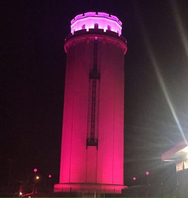 The #KCParks #Waldo Water Tower is lit pink for #BreastCancerAwareness #TurnKCPink #ThinkPink